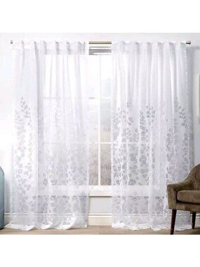 Exclusive Home Wilshire Sheer Curtains 54x84 White Rod Pocket Leaf Panel Pair